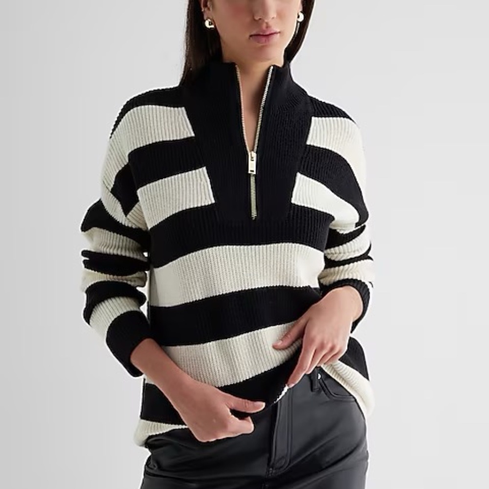 EXPRESS Striped Ribbed Quarter Zip Tunic Sweater | Medium